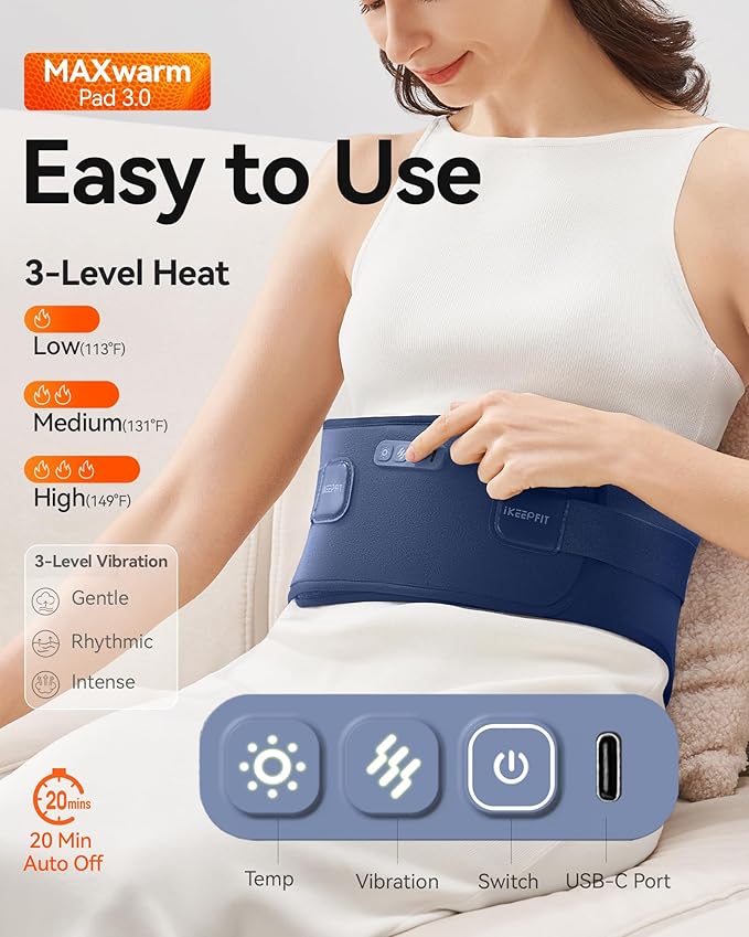 Portable Heating Pad with Massager for Back Pain Relief: MAXwarm 3.0, IKEEPFIT Electric Cordless Heat Pad for Period Cramps, Extra Large 65", 8000mAh Battery, Gift for Women Men (Blue)
