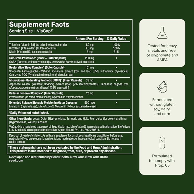 Seed PM-02 Sleep + Restore - Sleep Aid for Women & Men - Non-Habit Forming Bioidentical Melatonin & Ashwagandha - Vegan & Shelf-Stable - 30 Capsules (30-Day Supply)