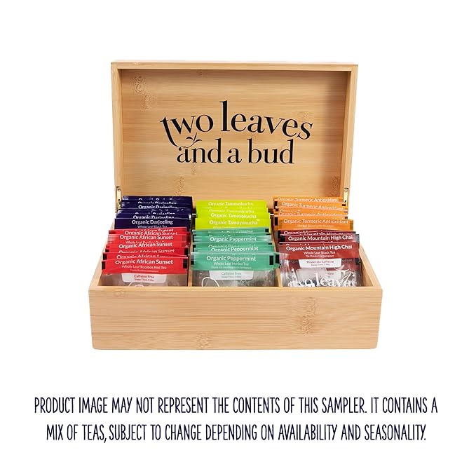 Two Leaves and a Bud Organic Tea Sampler in 6-Slot Bamboo Presentation Box - Filled Gift Box with Tea Assortment of Green, Black, and Herbal Teas