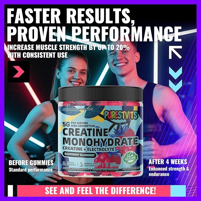 Creatine Monohydrate Gummies (5g) – Pre-Workout Energy & Muscle Growth Support for Men & Women | Blueberry Raspberry Electrolyte Gummies (135 Count)