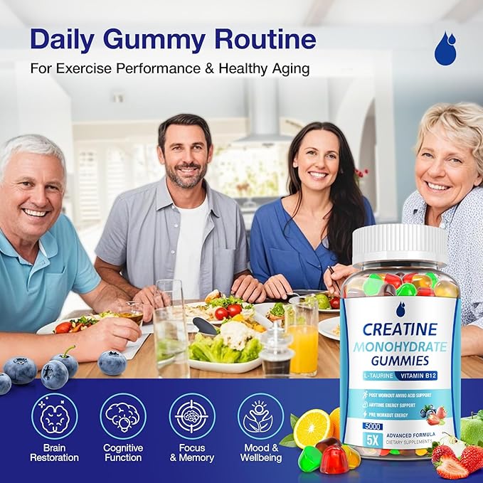 Creatine Gummies for Men & Women - Creatine Monohydrate Gummies 5g, Muscle Builder, Energy Boost & Pre-Workout Supplement, Low Sugar Taurine Chewable Gummy 2 Pack