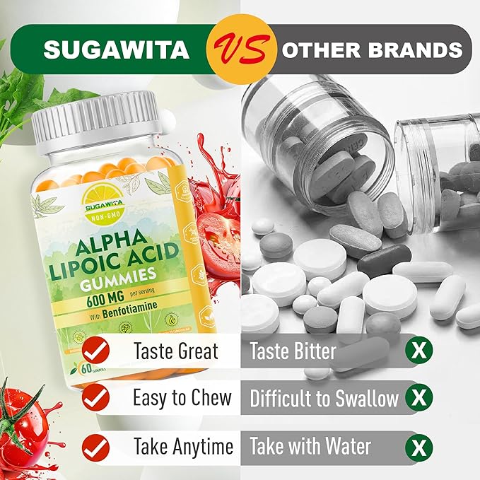 Pure R-Alpha Lipoic Acid 600mg with Benfotiamine for Nerve Support, Antioxidant Support, ALA Supplement Alpha Lipoic Acid Gummies - Vegan, Sugar-Free, 60 Counts