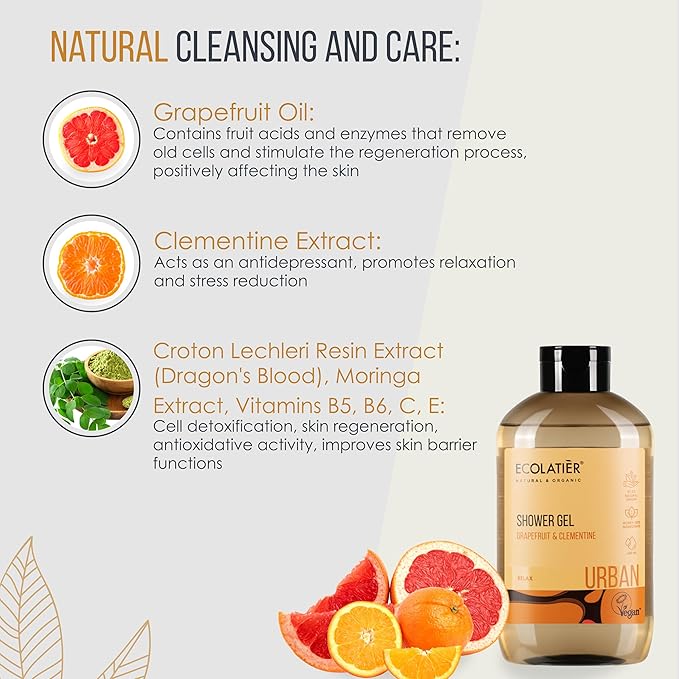 Grapefruit body wash Clementine - 97.5% Natural, Vegan, Cruelty-Free, Refreshing & Moisturizing Body Wash and Natural Shower Gel for All Skin Types, 8.5 Fl Oz by ECOLATIER