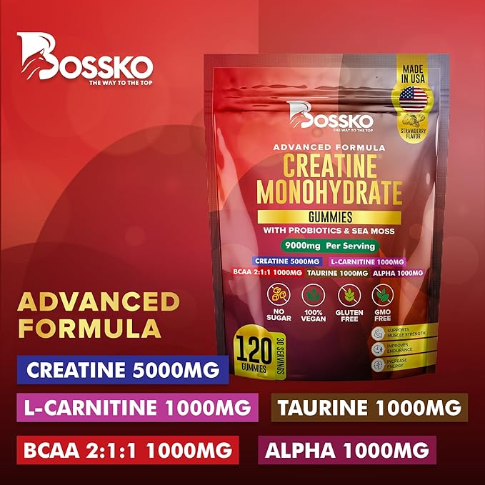 (9g) Creatine Monohydrate Gummies Complex with BCAA - L-Taurine L-Carnitine- B12 Probiotics Pre Workout Chewables Gummies for Men & Women | Vegan Non-GMO 120 Count
