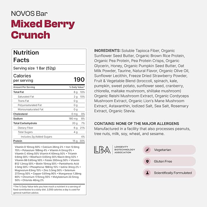 Novos Longevity Protein Bar - Mixed Berry Crunch - 15g Protein, 5 Longevity supplements, 20 Superfoods, Organic Olive Oil, Seed Oil Free, Targets Causes of Aging, Skin, Mind and Mood Support, 12-Pack