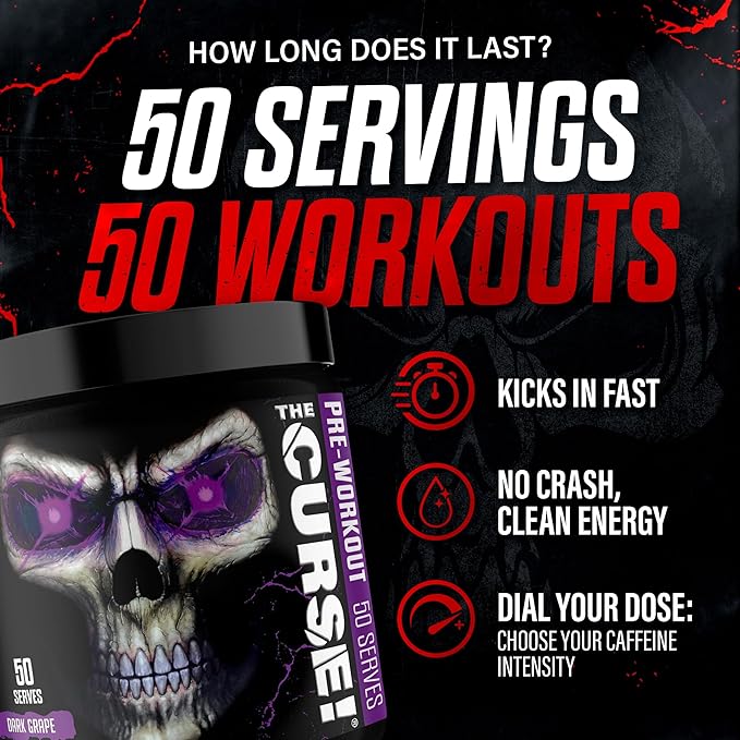 JNX SPORTS The Curse! Pre Workout Powder for Men & Women, Caffeine, Beta-Alanine, Creatine, L-Citrulline, 50 Servings, Dark Grape Flavor – Boost Energy, Strength & Focus