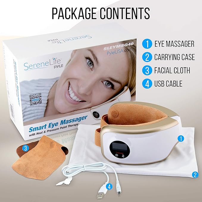 SereneLife Smart Eye Massager with Heat and Compression, Vibration, Music, Wireless Heated Mask for Migraines and Stress Therapy (Legacy Gold)