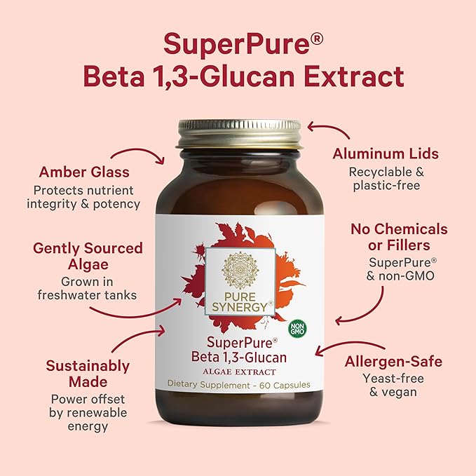 PURE SYNERGY SuperPure Beta 1,3-Glucan Extract | 500 mg Beta 1,3-Glucan Supplement from Algae | Yeast-Free, Non-GMO, Standardized Extract | Supports Immune Health & Digestion (60 Capsules)