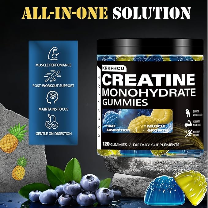 Creatine Monohydrate Gummies for Men & Women - Complex 8000 MG PreWorkout Supplement Creatine Gummy with BCAA, L-Taurine & Vitamin B12 for Muscle Builder, Strength & Energy Boost, 120 Count 1Pack