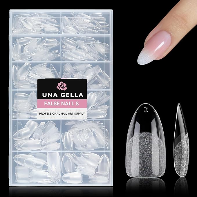 UNA GELLA 504Pcs Medium Pointed Almond Nail Tips, Pre-shape Almond Gel Nail Tips Half Matte Full Cover Acrylic Clear Press on Fake Nails Tips for Nail Extension Nail Art DIY Salon 12 Sizes
