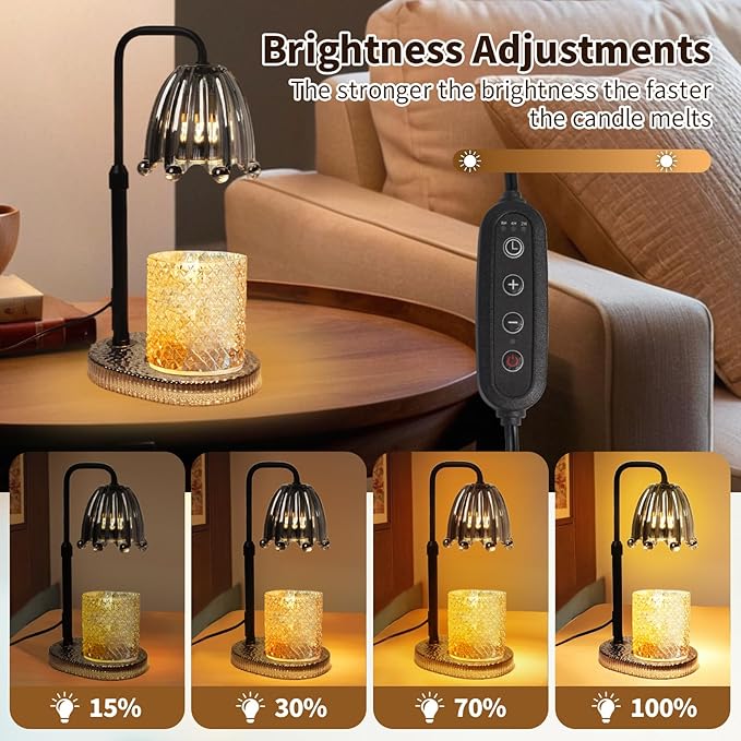 Candle Warmer Lamp with Timer: Adjustable Height and 4 Dimmer, Crystal Glass Base, Heater Wax Warmer for Jar Scented, Home Décor and Housewarming & Birthday Gift for Mom Woman, 2 Bulbs (Crown Grey)