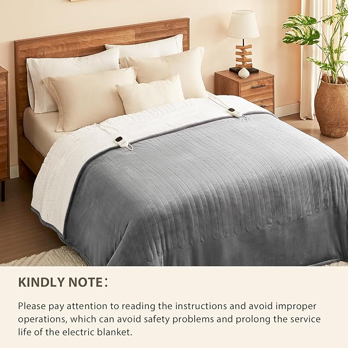Homemate Electric Heated Blanket Full Size - 72"x84" Heated Bed Blanket Throw with 10 Heating Levels 8 Hours Auto Off Fast Heating Over-Heat Protection-Ultra Soft Flannel ETL Certified, Grey