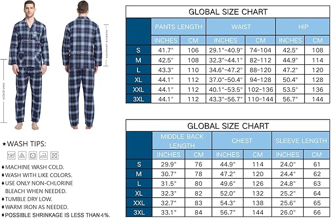 GLOBAL Men's Pajamas Sets 100% Cotton Flannel Sleepwear Long-Sleeve top & Bottom