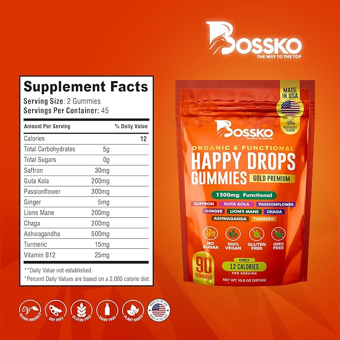 Happy Drops – Daily Superfood Gummies for Mood Support, Focus and Energy – Sugar-Free, Vegan, Blueberry Flavor – 90 Gummies for Adults – Daily Support for Mood, Focus and Natural Energy