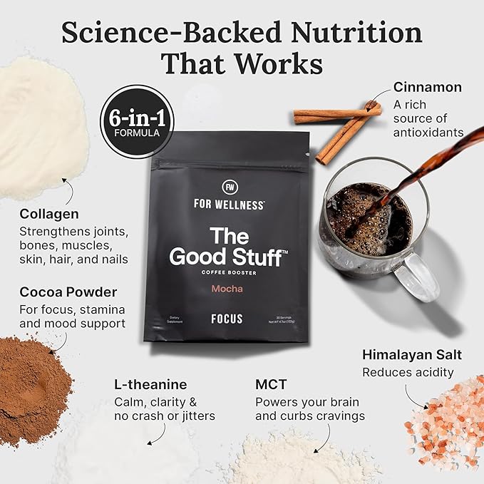 For Wellness The Good Stuff Focus – Mocha Coffee Booster | Nootropic Collagen Creamer with MCTs for Focus, Energy & Wellness | Non-Dairy, Keto-Friendly, 30 Servings