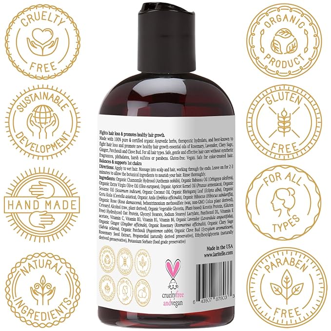 Laritelle Organic Travel Size Conditioner 2 oz | Fortifying, Strengthening & Rejuvenating | Stops Hair Shedding, Promotes Hair Growth | Ayurvedic Herbs, Lavender, Ginger, Rosemary, Patchouli & Cloves