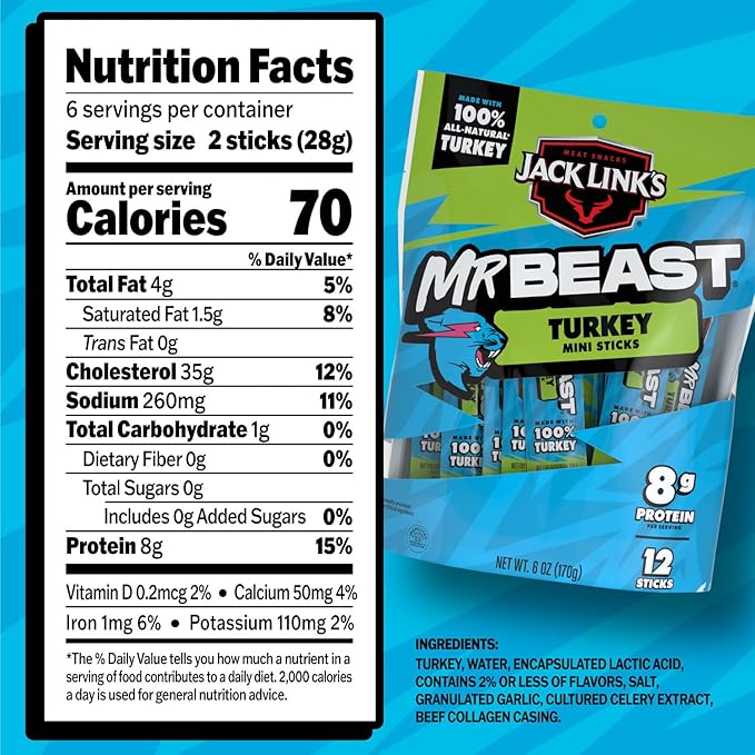 Jack Link’s x MrBeast Turkey Mini Sticks – 8g Protein per Serving, Individually Wrapped Meat Sticks, Made with 100% All Natural Turkey, Zero Sugar, Pantry-Ready, Kids Snacks, 0.5oz (12 Count)