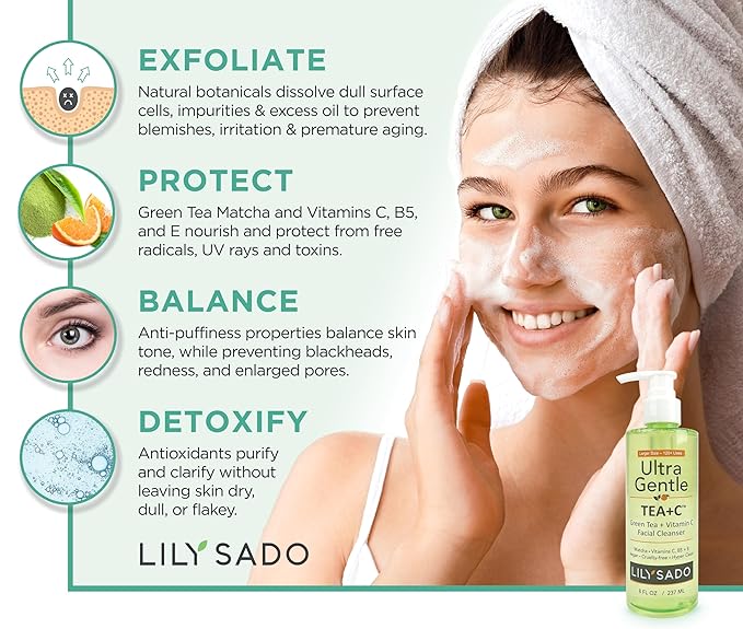 LILY SADO TEA+Cโข Green Tea & Vitamin C Face Cleanser โ Natural Vegan Antioxidant Daily Face Wash with Aloe, Rosehip, Meadowfoam - Gentle Deep Cleansing for Acne, Blackheads, Blemishes. 8 oz