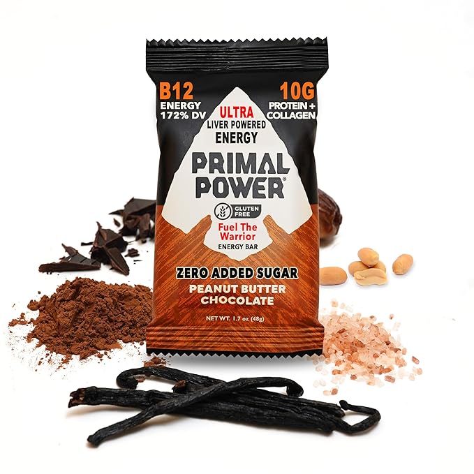 Primal Power Liver Powered Nutrition Bars - B12 Energy Boost, 10g Protein, Vitamins, Minerals, Collagen, Zero Added Sugar, Gluten Free - Pack of 12 (Peanut Butter Chocolate Flavor)