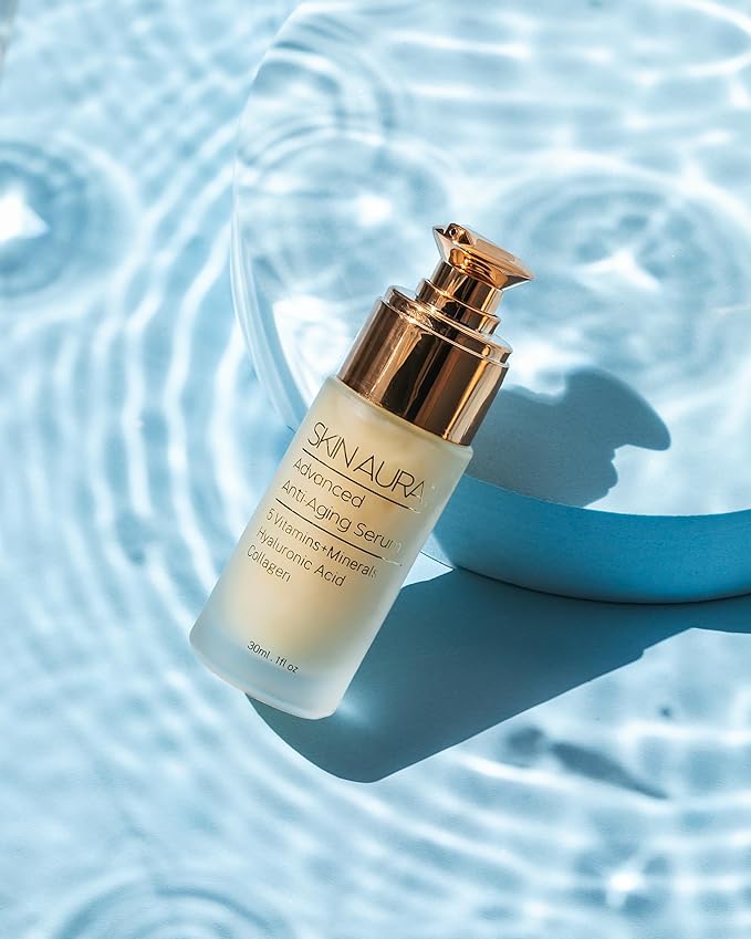 SKIN AURA Advanced Anti-Aging Serum - All-In-One Plant Derivative Formula Improves Wrinkles, Fine Lines & Age Spots with 5 Vitamins + Minerals, Hyaluronic Acid & Collagen Peptides - 30ml (1oz)