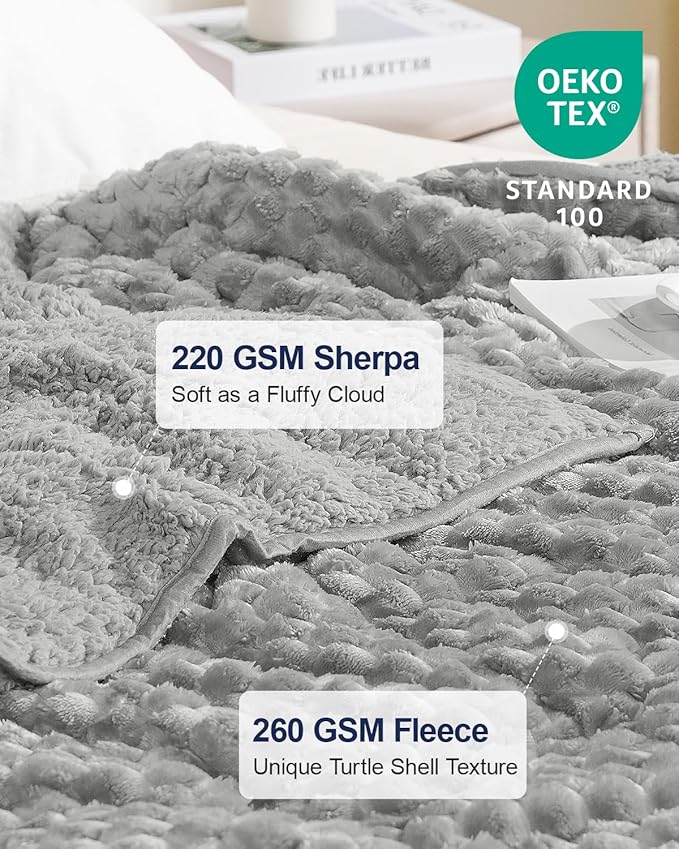 Super Soft Luxury Fleece Sherpa Weighted Blanket 15 lbs for Adults, Turtle Shell Fuzzy Cozy Fluffy Queen Size Weighted Throw, Ceramic Beads Washable Heavy Blankets for Couch Bed, Grey, 60" x 80"