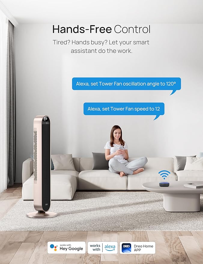 Dreo Smart Tower Fan Voice Control, 120ยฐ Oscillating Fan Works with Alexa/Google/App/Remote, 42 Inch, 25dB Quiet DC Bladeless Fan for Bedroom,12 Speeds, Floor Fan for Home, Office, Pilot Max S