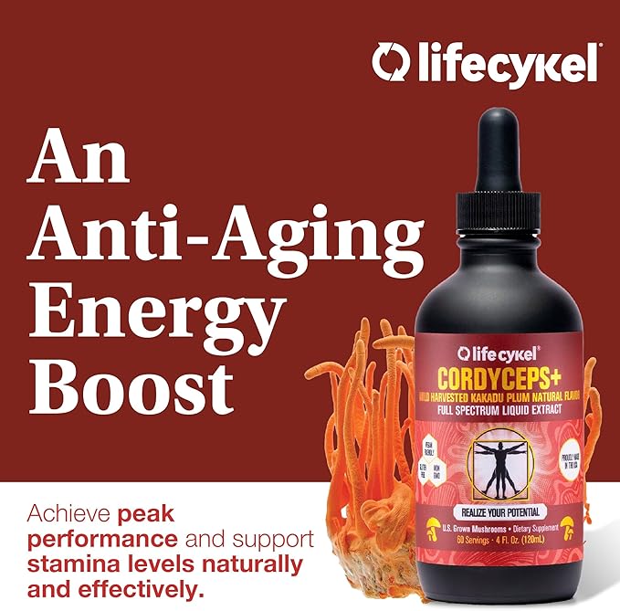 Life Cykel Cordyceps Mushroom Extract with Kakadu Plum - Energy, Stamina & Vitality Support, Natural Aging Supplement - Non-GMO and Vegan Tincture - 1Fl Oz