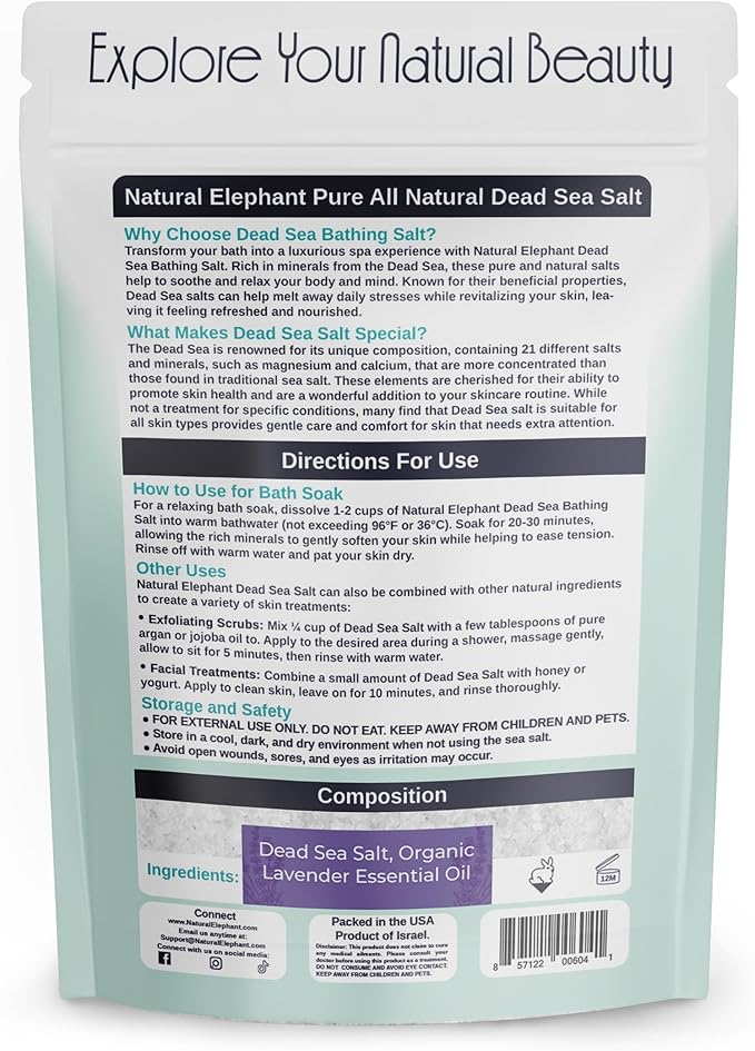 Natural Elephant Dead Sea Lavender Bath Salt Bathing and Foot Soak for Relaxing and Nourishing- 100% Pure with Organic Lavender Essential Oil - Medium Coarse Grain (1 lb (16 oz) Bag)