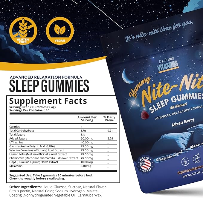 Dr. Price Sleep Gummies for Adults – 3mg Melatonin, L-Theanine, GABA & Herbal Blend – Mixed Berry Flavor, Gluten-Free Sleep Aid – 60 Count