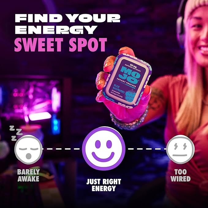MOJO Energy Pouches Blue Raspberry Flavor, 50 mg per Caffeine Pouch, 15 Pouches, 5-Pack