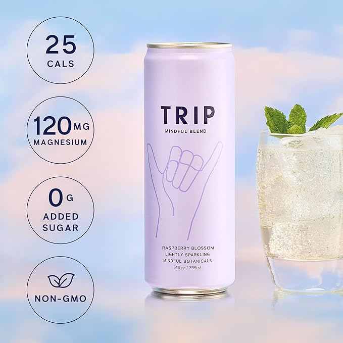 Trip Mindful Blend, Lightly Sparkling Adaptogen Seltzer w/ 120mg Magnesium Citrate with Ashwagandha, Lions Mane & L Theanine, No Added Sugar, Vegan, Raspberry Orange Blossom, 12 Oz, 12Pk