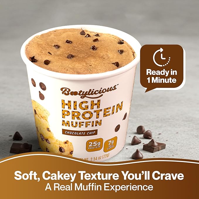Bootylicious | High-Protein Muffin | 25g Protein, 7g Net Carbs, 1.86-1.76oz Cup, 12-Pack (Chocolate Chip)