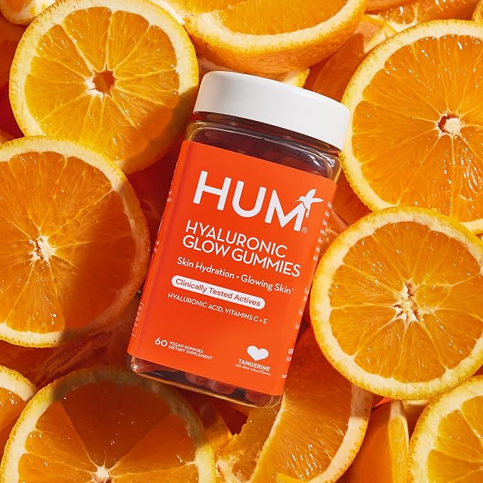 HUM Hyaluronic Glow Hydrating Skin Care Supplement, with Low Molecular Hyaluronic Acid, Vitamin C from Amla Fruit, and Vitamin E, Antioxidant Support for Skin Hydration, Tangerine, 60 Vegan Gummies