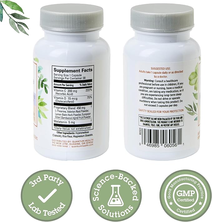 Quantum Health Sleep Immune Melatonin 5mg Support Supplement L Theanine Valerian Root + Elderberry Vitamin C & D Immunity Boost Daily Whole Body Wellness for Women & Men - 30 Capsules
