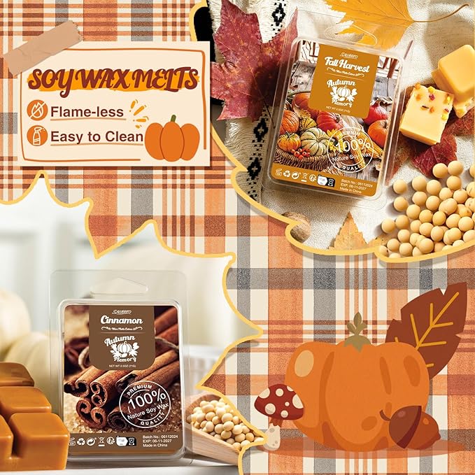 Salubrito Fall Scented Wax Melts, Strong Scented Soy Wax Cubes/Tarts Variety Set- Pumpkin Spice, Cinnamon, Spiced Cider, Snickerdoodle, Balsam Pine, Candy Corn, Fall Harvest, Apple Pie, 8x2.5oz