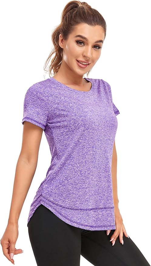 Women's Short Sleeve Workout Shirts Crewneck Sports Yoga Running Dry Fit Tops Side Split Tee