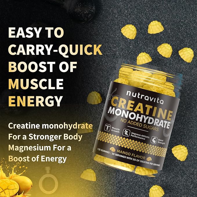 Nutravita Creatine Monohydrate Gummies for Men & Women-5g of Creatine Monohydrate per Serving - Sugar Free,Vegan, Mango Flavor, 120 Count