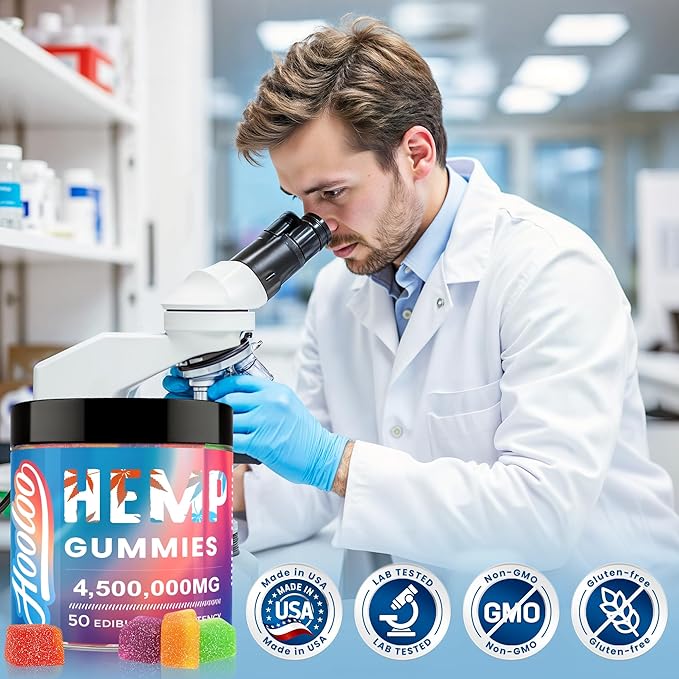 HOOLOO Hemp Gummies for Deep Bedtimes, Unwind, Focus - 6 Fruity Flavors Big Cubes Gummy Infused Vitamins Omega 3 - Extra Stength 4,500,000mg for Adults - Made in USA