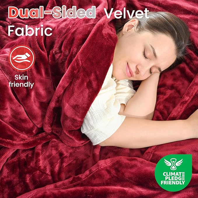 Sunable Heated Electric Blanket - Machine Washable Blanket with Time Settings 10 Heat Settings Queen Size 84×90 inches Burgundy -Velvet