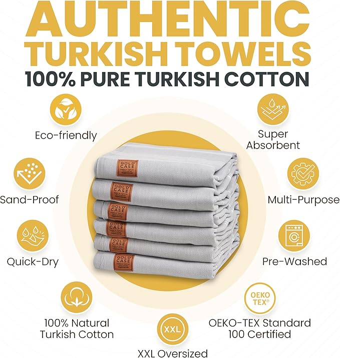 Gold CASE LYCIA Turkish Beach Towel Set of 6 – 100% Cotton Turkish Beach Towels Bulk 70 x 38'' – LYCIA Oversized, Quick Dry & Sand Free Beach Towel – Lightweight Towels Set in Grey