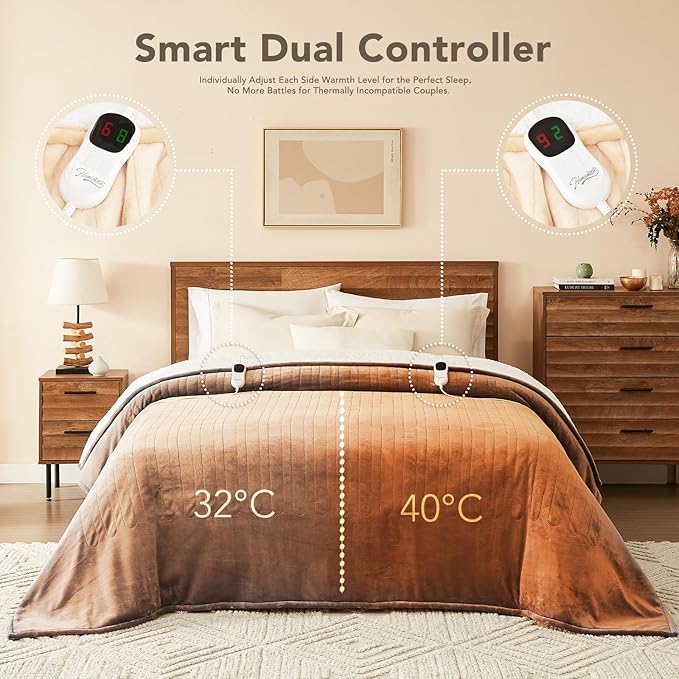 Homemate Heated Electric Blanket Queen Size - 84"x90" Heating Bed Blanket Throw with 10 Heating Levels 8 Hours Auto Off Fast Heating Over-Heat Protection Ultra Soft Flannel ETL Certified, Beige