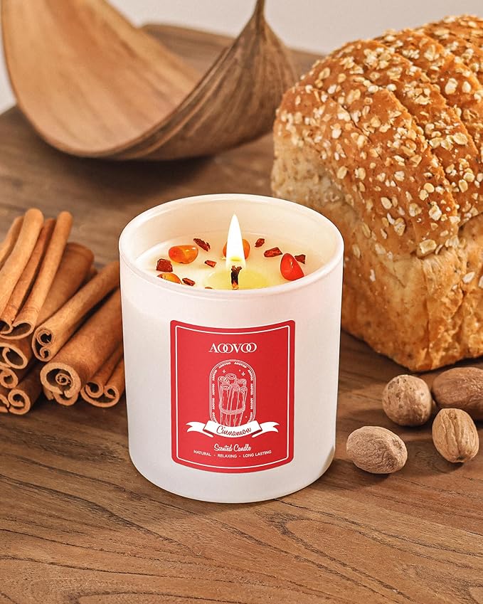 AOOVOO Cinnamon Scented Candles for Women - Aromatherapy Candle with Crystals Inside, 10oz Soy Candles for Home Scented, Birthday Gifts Candle for Women Mom