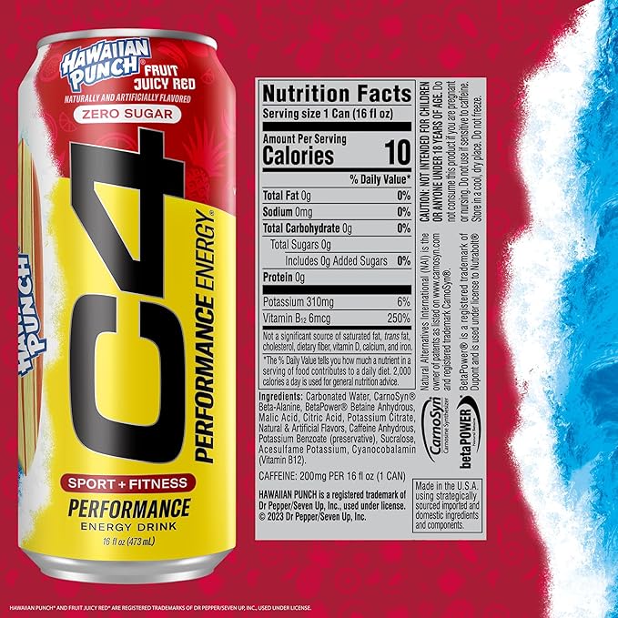 C4 Energy Drink, Hawaiian Punch Fruit Juicy Red, Carbonated Sugar Free Pre Workout Performance Drink with no Artificial Colors or Dyes, 16oz Pack of 24