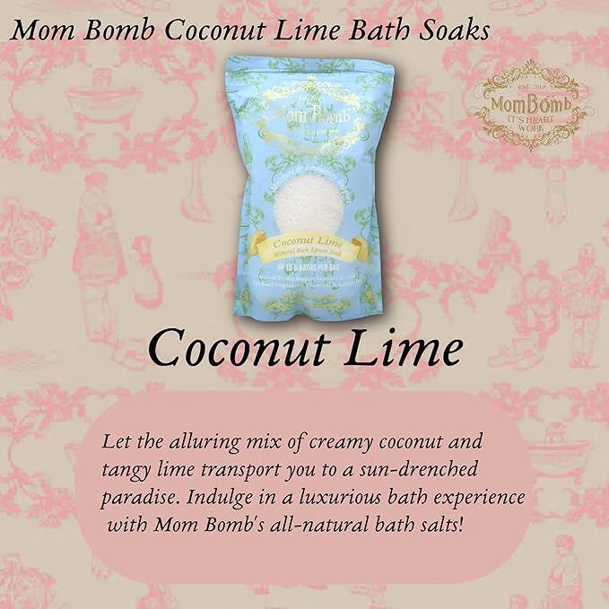 Mom Bomb Coconut Lime Epsom Salt Bath Soak – Natural Magnesium Salt with Essential Oils – Relaxing Aromatherapy for Stress Relief, Muscle & Foot Soak – Made in USA, 48 Ounce