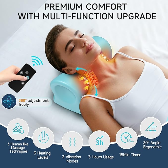 snawowo 3-in-1 Cervical Neck Massager with Heat - Acupoint Shoulder Relaxer Traction Stretcher for Pain Relief, 3 Human-Like Kneading, Heat & Vibration Levels, 360ยฐ Remote, 30ยฐ Design, 15Min Auto Off