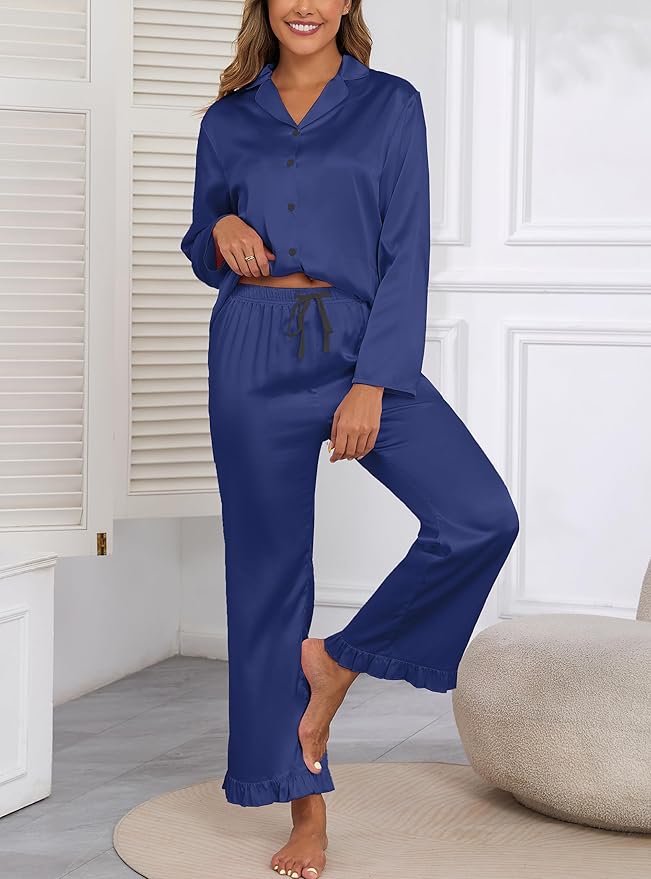 Veseacky Womens Satin Pajama Set Silk Pjs Button Down Long Sleeve Sleepwear Loungewear Sleepwear 2 Piece Pjs Set S-XXL