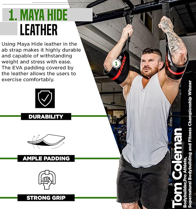 RDX AB Straps for Pull Up Bar Hanging (Pair), Maya Hide Leather, Abdominal Muscle Building Padded Arm Support Slings with D-Ring Strap, Leg Raise Exercise Fitness Workout Strength Training, Men Women