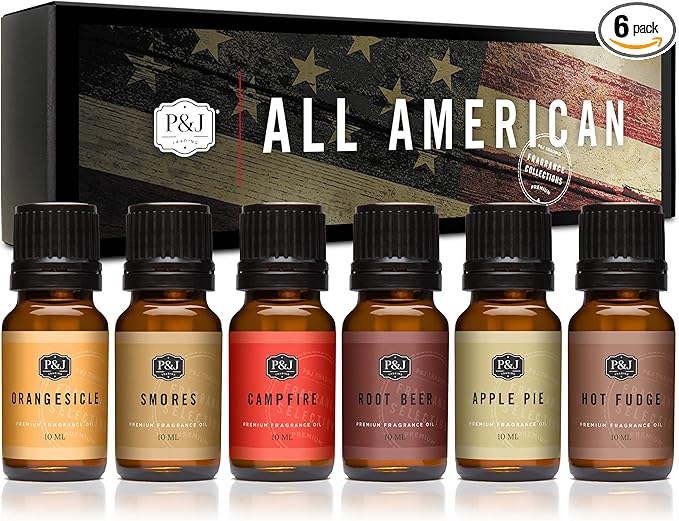 P&J Trading Fragrance Oil All-American Set | Apple Pie, Hot Fudge, Campfire, Root Beer, Orangesicle, and Smores Candle Scents for Candle Making, Freshie Scent, Soap Making, Diffuser Oil Scents