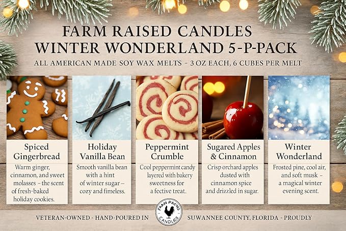 Farm Raised Candles – Winter Wonderland 15 oz Total (3 oz Each) 5-Pack Soy Wax Melts | Spiced Gingerbread, Holiday Vanilla Bean, Peppermint Crumble, Sugared Apples | 100% USA Made