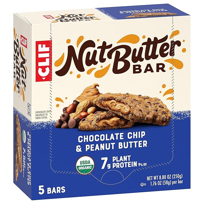 CLIF Nut Butter Bar - Chocolate Chip & Peanut Butter - Filled Energy Bars - Non-GMO - USDA Organic - Plant-Based - Low Glycemic - 1.76 oz. (5 Pack)
